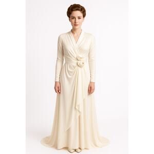 Vintage Ivory Wrap Gown w/ Rosette Detail ILGWU USA and hat wedding Dress XS